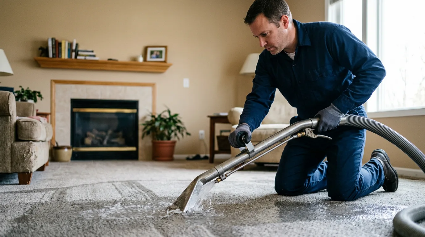 Water damage restoration technician working near Lacona, IA